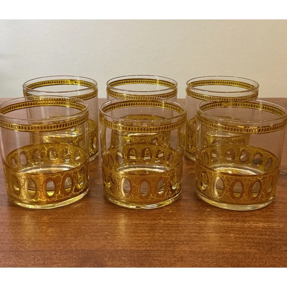 Culver Antigua Lowball Rocks Glasses Gold Crackle Gold Vintage Set 6 Perfect!